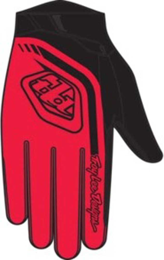 Dětské rukavice GP Pro od Troy Lee Designs v červeném provedení s kompresně tvarovanou manžetou a jednovrstvou dlaňí s laserově perforovanými větracími otvory