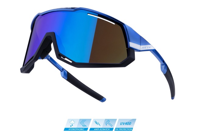 Modré cyklistické brýle s pevnou a pružnou grilamidovou obroučkou, hydrofobickou úpravou H2FOBIC a polykarbonátovými sklami s anti-scratch úpravou