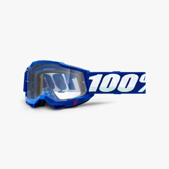 Modré motokrosové brýle s čirými skly a úzkým rámečkem od 100% ACCURI 2 s odolnými polykarbonátovými sklíčky a trojitou pěnovkou