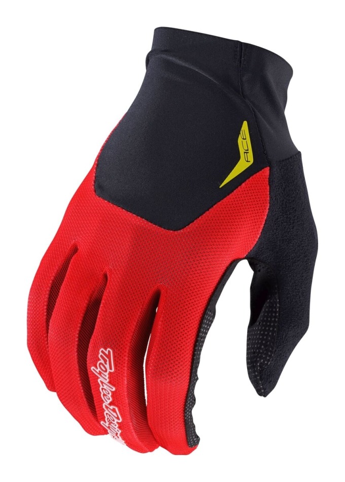 Červené cyklistické rukavice s jednovrstvou dlaňí a silikonovým potiskem na konečcích prstů