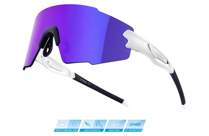 Bílé cyklistické brýle s fialovým zrcadlovým sklem a hydrofobickou úpravou