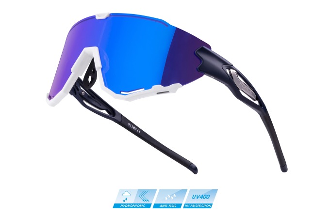 Modré cyklistické brýle s pevnou a pružnou grilamidovou obroučkou a polykarbonátovým sklem s UV 400 filtrem, hydrofobickou úpravou a protizamlžovací technologií, vhodné pro cyklistiku