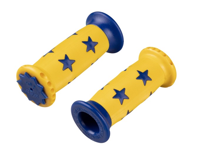 Gumová dětská madla s žluto-modrými hvězdičkami, vnitřní průměr 22,2 mm, délka 90 mm, hmotnost 85 g