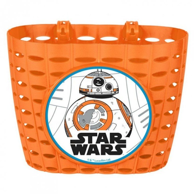 Oranžový plastový dětský koš na řidítka se Star Wars motivem a maximální nosností 0,5kg, dodávaný v servisním sáčku