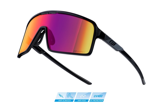 Černé cyklistické brýle s pevnou a pružnou grilamidovou obroučkou, polykarbonátovým sklem a fialovým zrcadlem