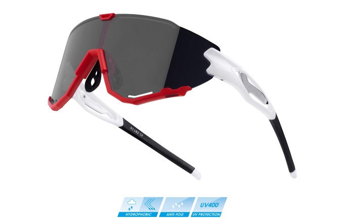 Bílo-červené a černé cyklistické brýle s pevnou a pružnou grilamidovou obroučkou a polykarbonátovým sklem s UV filtrem 400, hydrofobickou úpravou a protizamlžovací úpravou