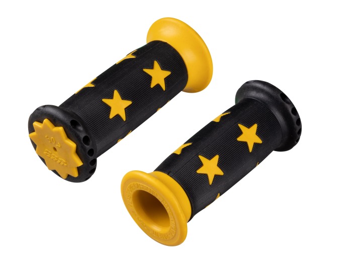 Dětské gumové gripy s hvězdným designem v černo-žluté barvě, vhodné pro všechny standardní řídítka, s větším okrajem pro bezpečnost a délkou 90mm