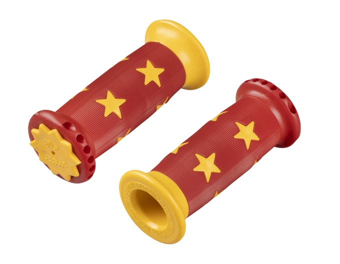 Dětská gumová madla s červeno-žlutými hvězdičkami, vnitřní průměr 22,2 mm, délka 90 mm, hmotnost 85 g za pár
