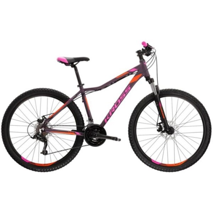 Dámské horské kolo v fialové barvě pro jízdu ve městě i lehkém terénu s ohledem na potřeby žen a širokými pneumatikami
