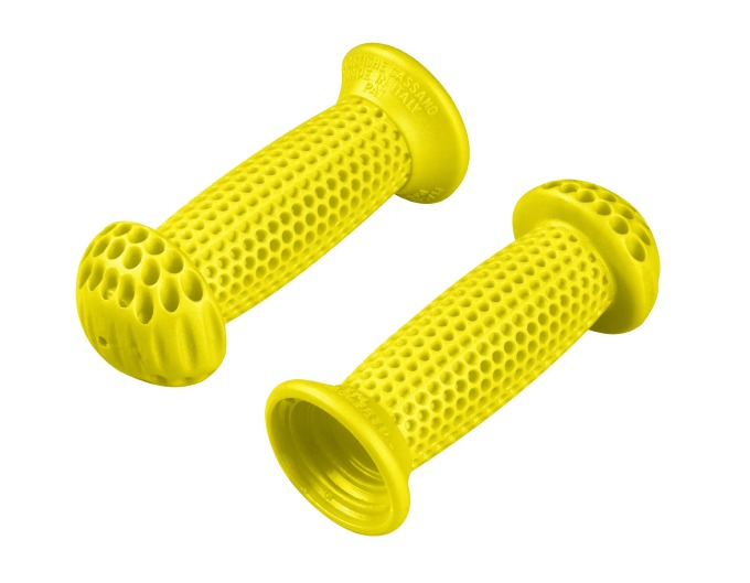 Dětské gumové madla bez zátek, žluté barvy s uzavřeným designem, vnitřní průměr 22,2 mm, délka 100 mm, hmotnost 64 g za pár, vyrobeno v Itálii