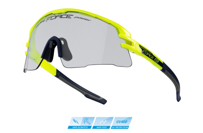 Fluo-modré cyklistické brýle s fotochromatickým sklem a úpravou proti zamlžení a poškrábání