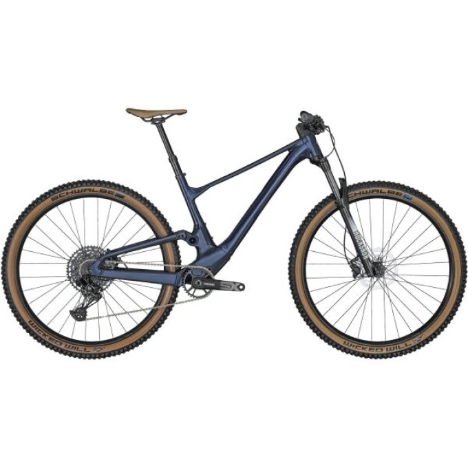 Celoodpružené horské kolo v tmavě modré barvě s vynikající rychlostí a lehkostí