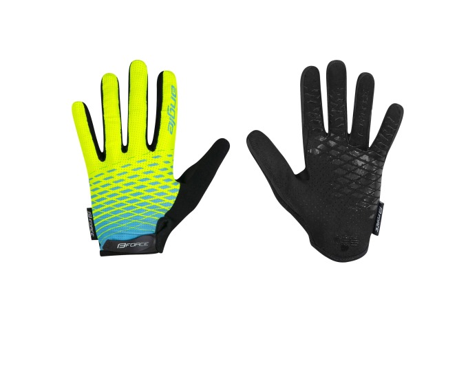 Dětské MTB letní rukavice s fluo-modrým designem a zapínáním na suchý zip, s froté palcem a děrovanou koženkovou dlaňí pro lepší odvětrání