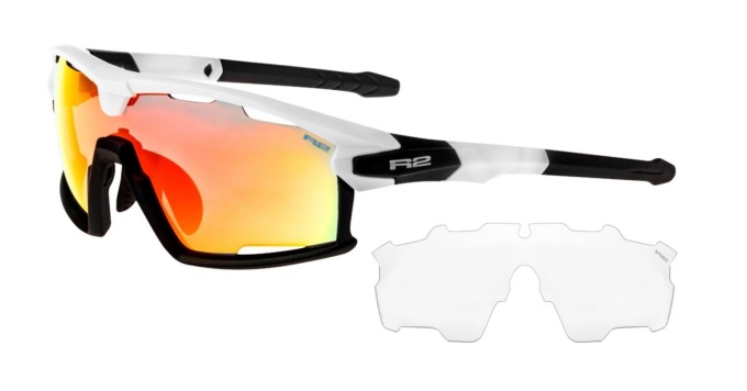 Cyklistické brýle s robustním rámem a snadnou výměnou čočky, lesklý bílý rám a šedé čočky s červeno-černou úpravou