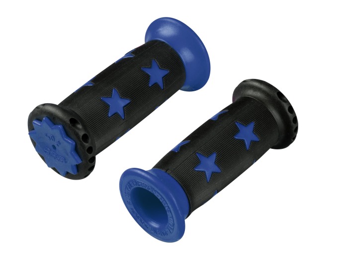 Gumové gripy s hvězdovým designem v černo-modré barvě, průměr 22,2 mm, vhodné pro standardní řídítka, s větší oktají pro bezpečnost, délka 90 mm, cena za pár