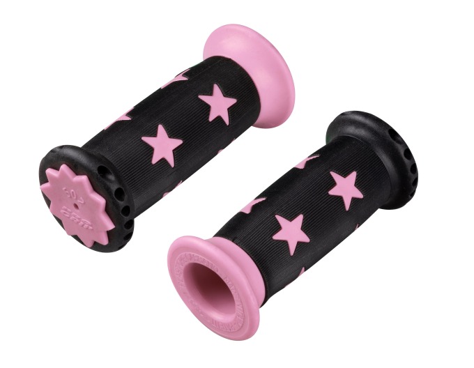 Dětské gumové gripy s hvězdným designem v černo-růžové barvě, vhodné pro všechny standardní řídítka s průměrem 22,2 mm, s větším okrajem pro lepší bezpečnost, délka 90 mm, cena za pár