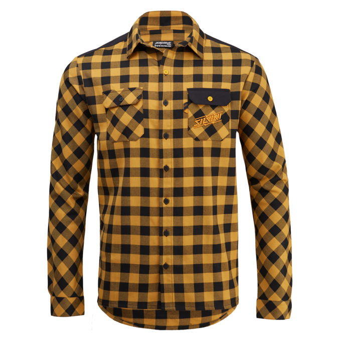 Flanelová pánská košile pro enduro jezdce i volný čas, černo-žlutá s náprsními kapsami a Quatroflex vsadkou na ramenou