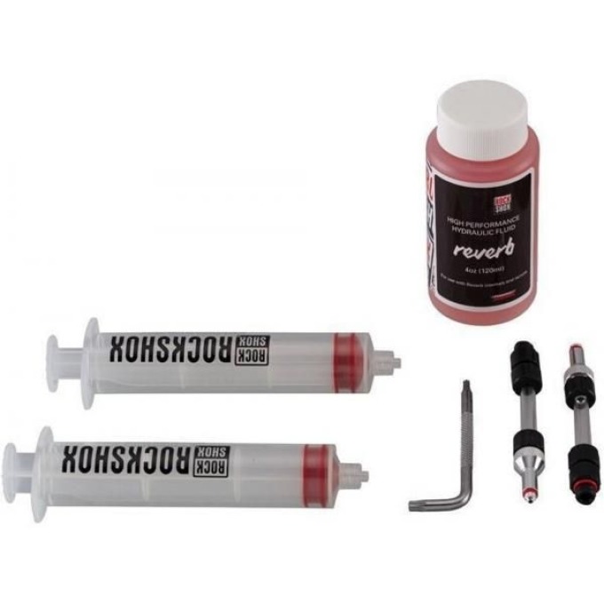 Odvzdušňovací sada pro sedlovku RockShox Reverb Standard Bleed Kit obsahující 2 stříkačky/součástky, hydraulickou kapalinu Reverb a 120ml lahvičku