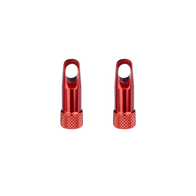 Červená hliníková čepička s klíčem pro galuskový (PRESTA) ventil - sada 2 ks, hmotnost 1,25 g na čepičku, baleno v sáčku