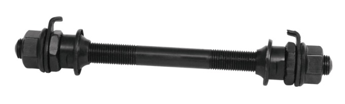 Přední kalená kompletní osa s širší osou, stejným závitem jako zadní náboj, délka 140 mm, průměr 9,5 mm, hmotnost 123 g, černá